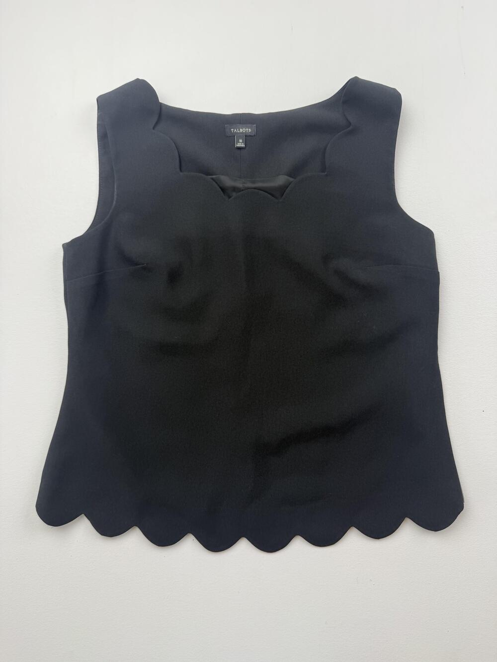 Talbots Tank Top Womens 10 Black Scoop Neck Sleeveless Scallop Hem Woven Top